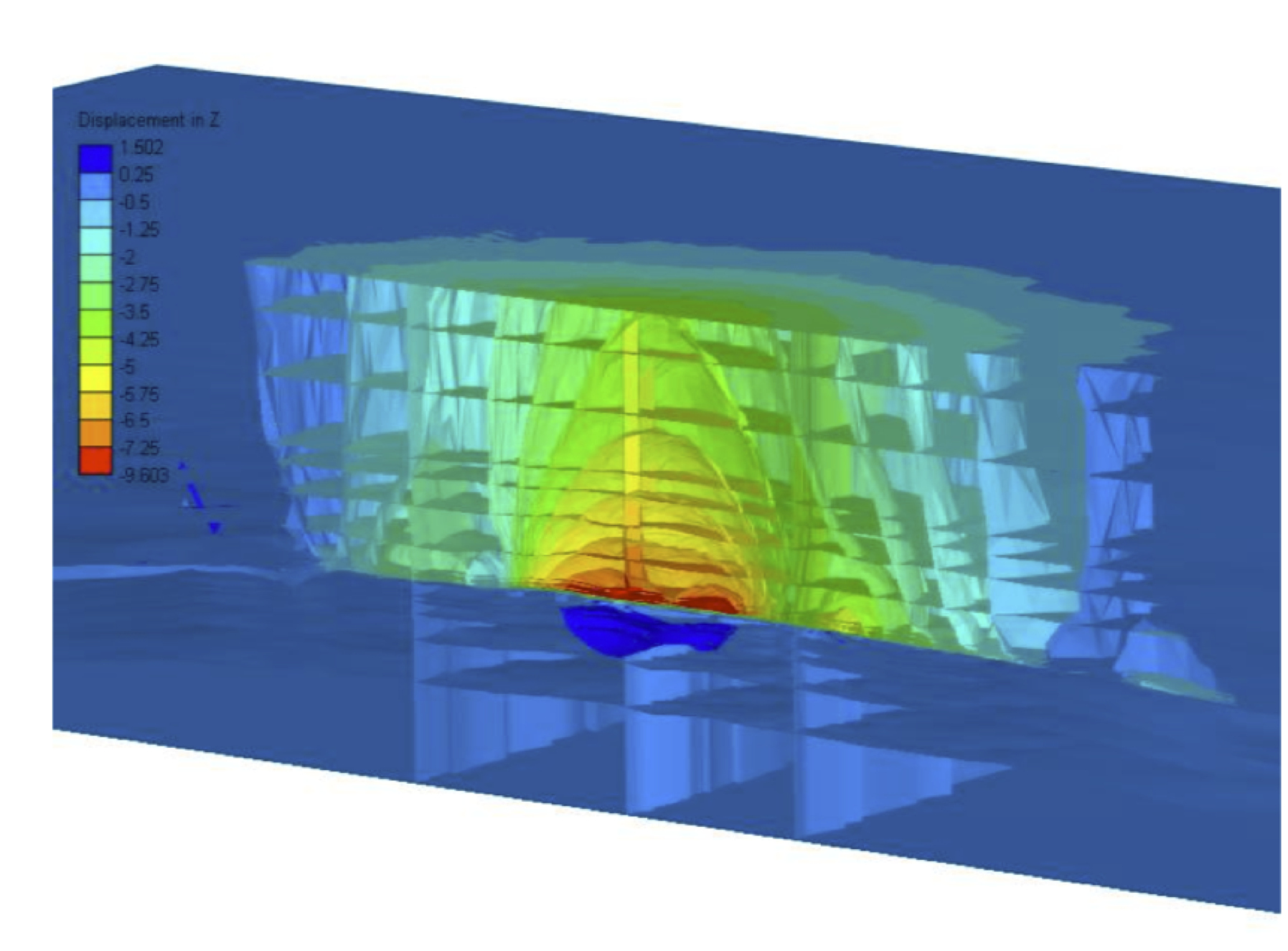 Example finite element geomechanical model simulating subsidence around a mature, depleted reservoir